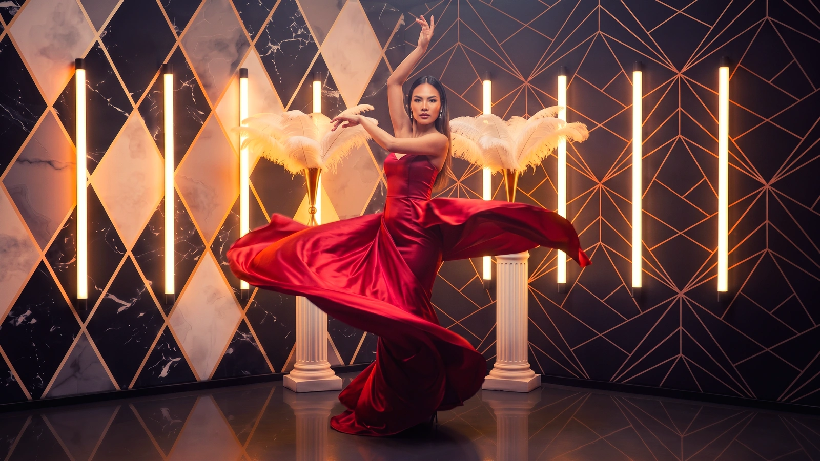 Cinematic Booth — a subject on a marble Art Deco gala set under theme-driven cinematic lighting.