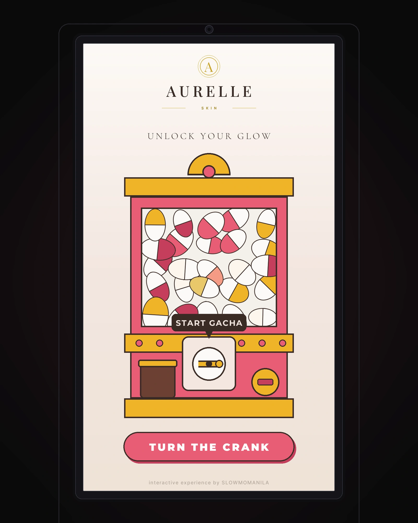 Branded digital gacha game displayed on SlowMoManila's tall touchscreen kiosk — an illustrated capsule machine filled with prize capsules above a “Turn the Crank” button.