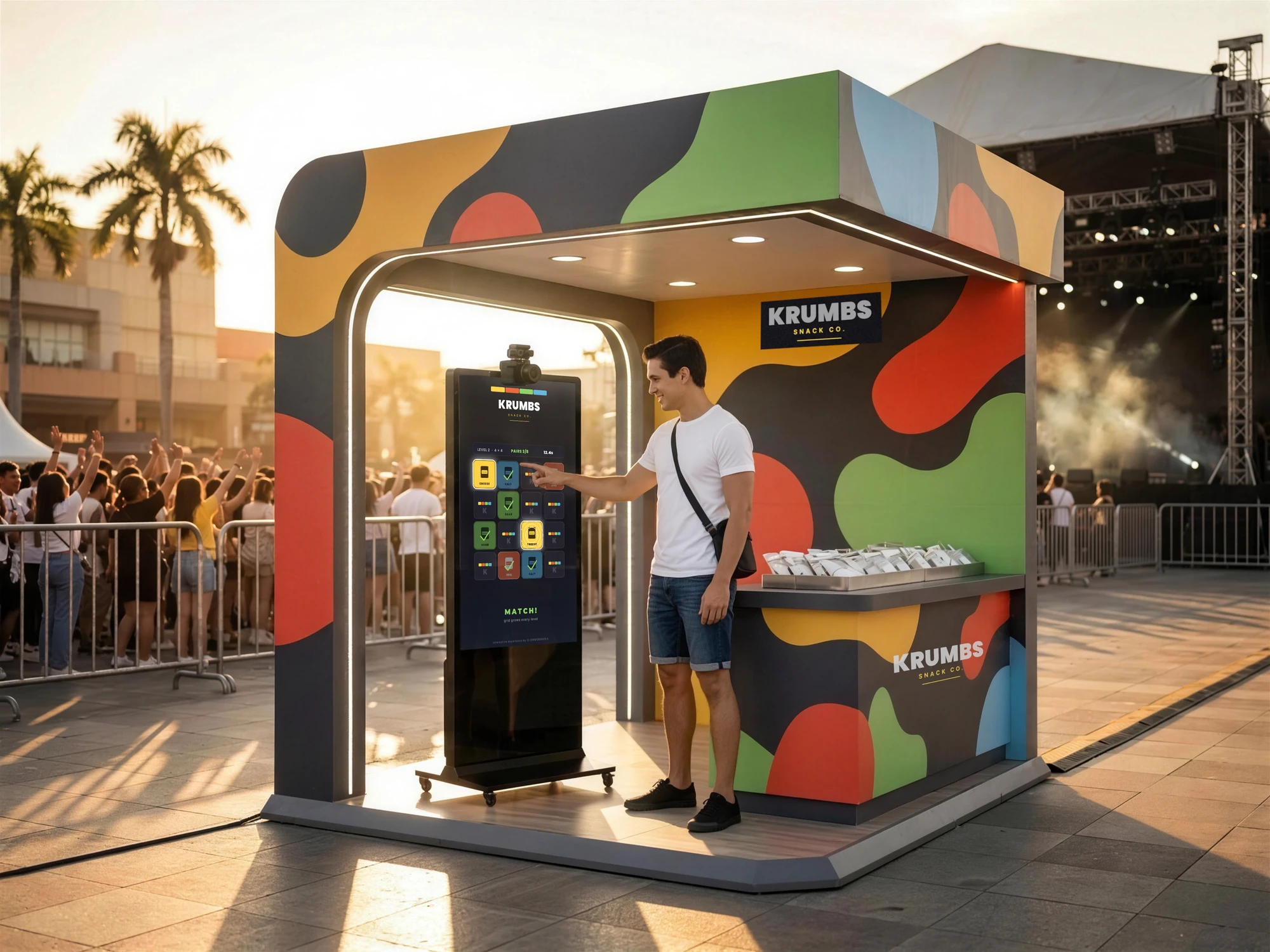 A guest playing a branded memory and reaction game on SlowMoManila's tall touchscreen kiosk, inside a branded booth at an outdoor concert.