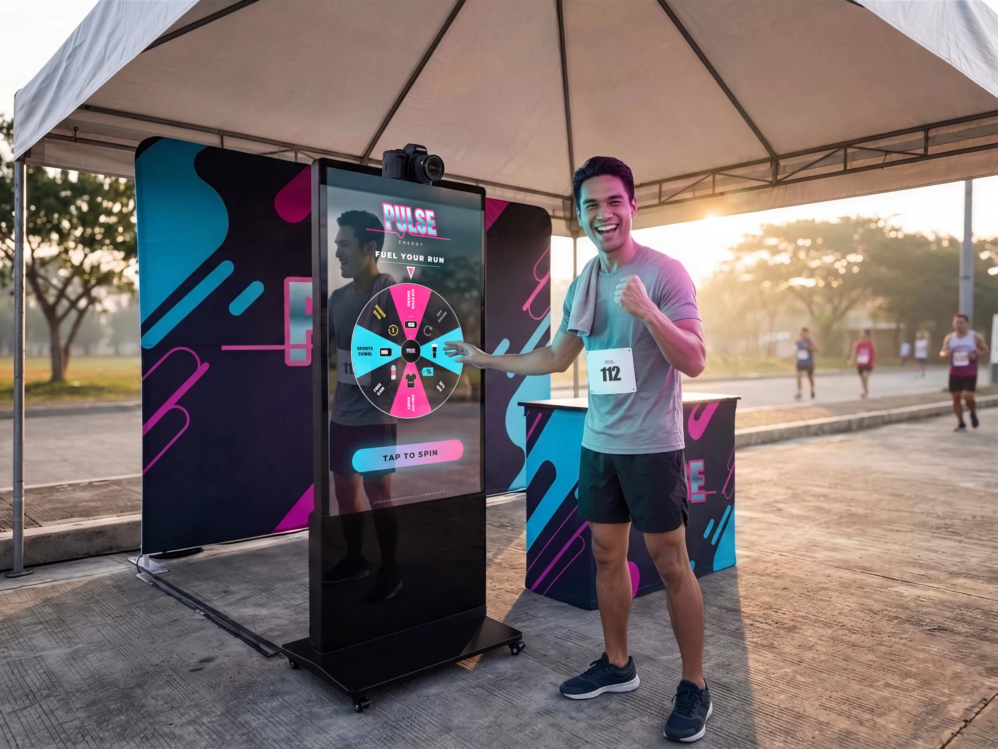 A guest in running gear playing a branded Spin-to-Win game on SlowMoManila's tall touchscreen kiosk, set up under a shaded tent at a fun-run event village.