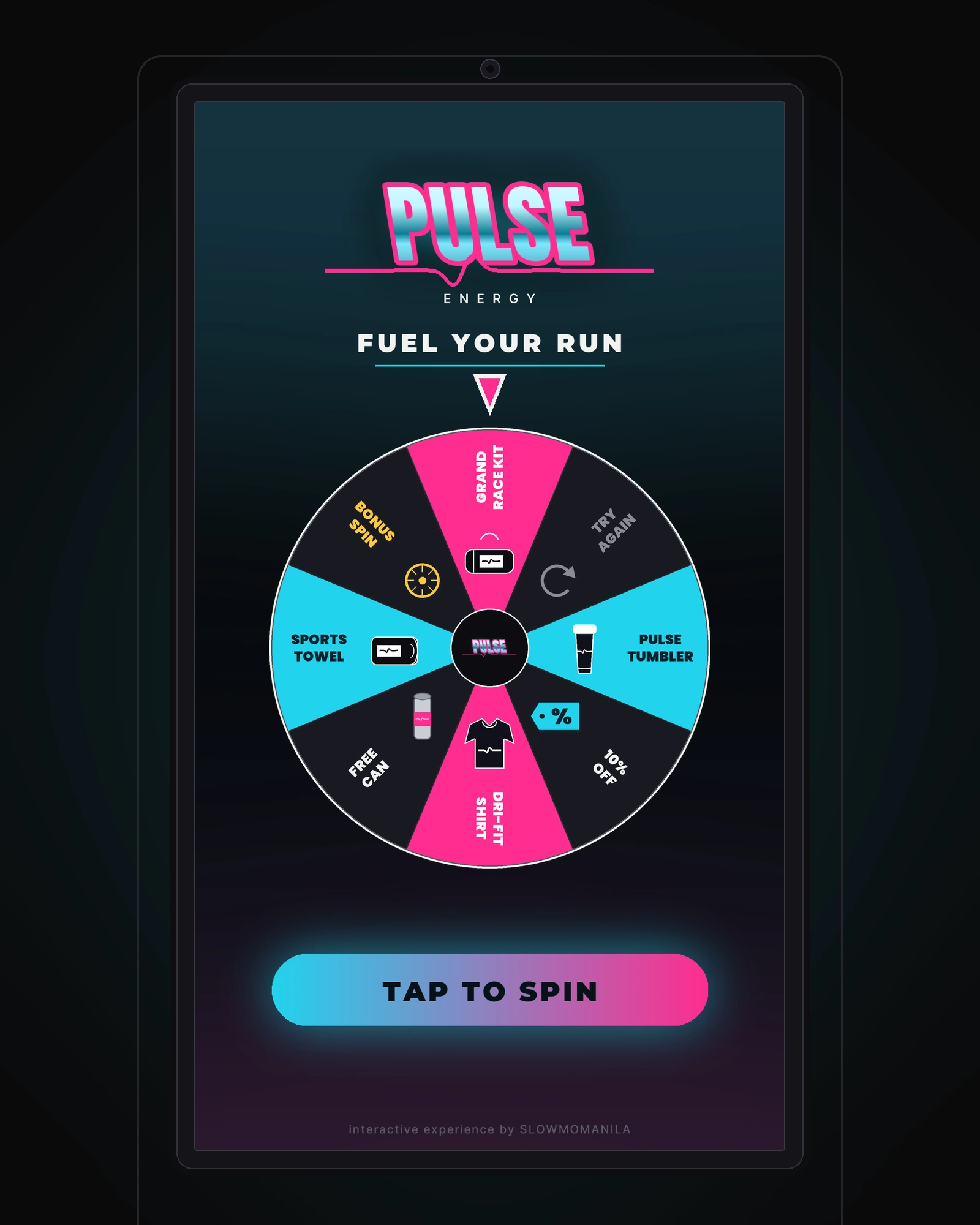 Branded Spin-to-Win game displayed on SlowMoManila's tall touchscreen kiosk — a prize wheel in campaign colors above a “Tap to Spin” button.