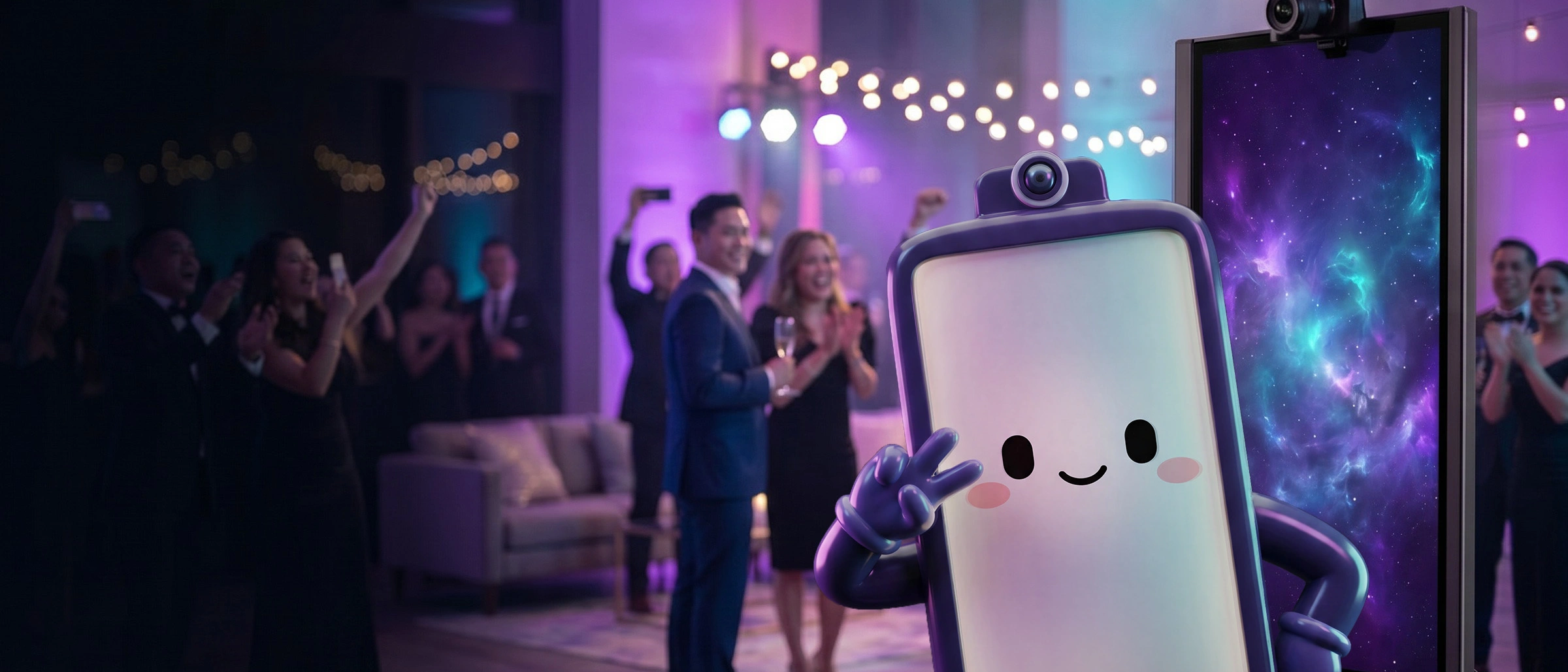 Sudo Booth at an event — a photo kiosk offering an AI-powered photo and video experience, with a booth-top camera in frame.