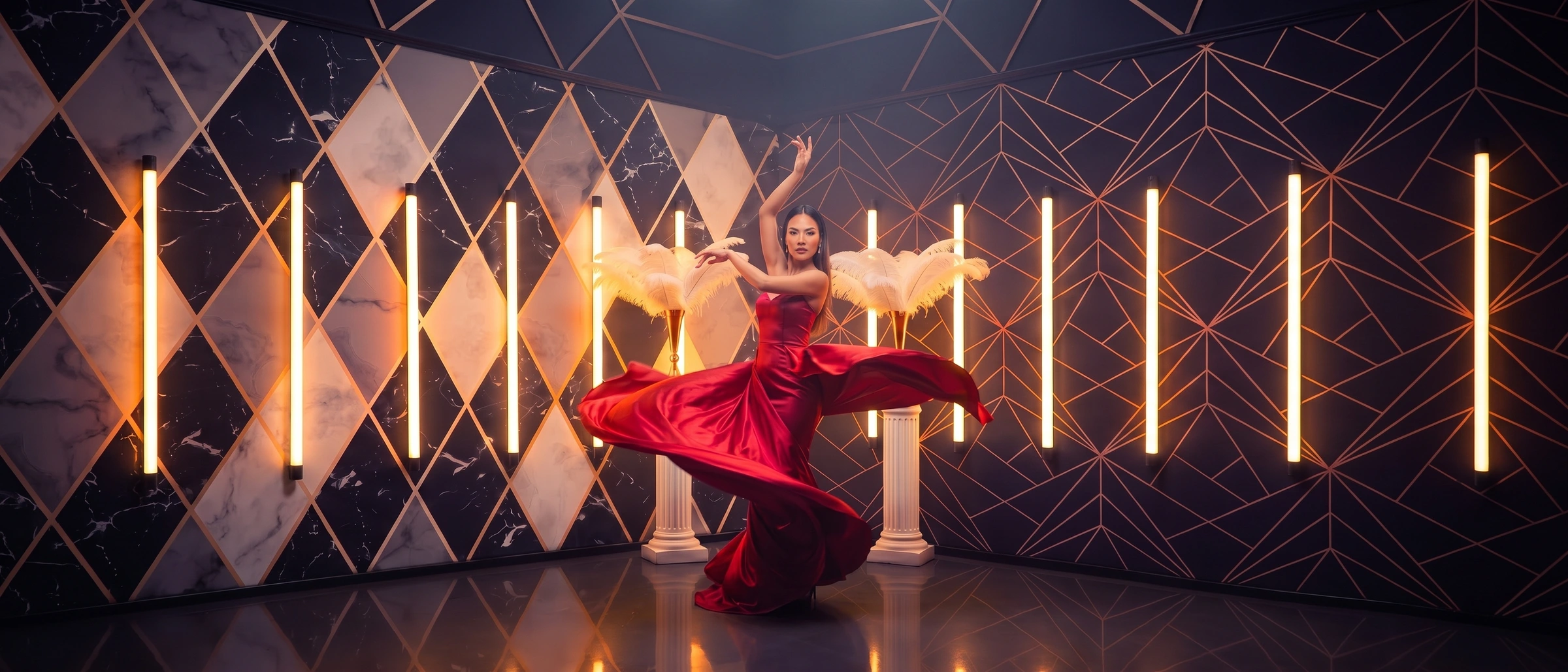Cinematic Booth — a fully art-directed Art Deco gala set with a subject mid-scene.